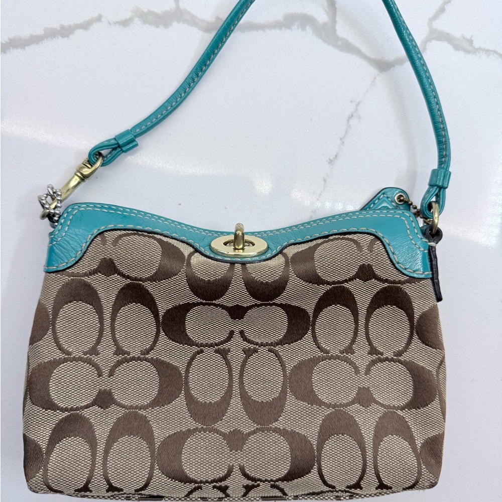 Stylish Brown and Teal Women's Coach Wrist Bag